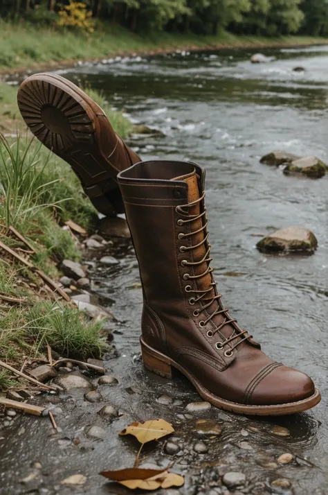 A boot shiner on the bank of a river