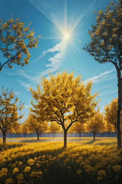 yellow flowers on a tree against a blue sky, yellow and blue, with yellow flowers around it, blue and yellow, yellow colours, yellow colors, detailed trees in bloom, yellow sunshine, beautiful sunny day, shades of yellow, some yellow and blue, breath-takin...