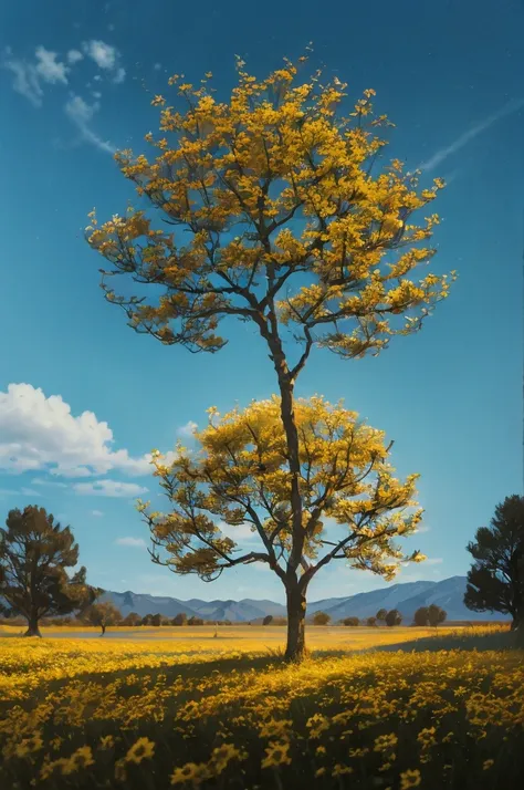 yellow flowers on a tree against a blue sky, a photo by Manuel Franquelo, flickr, art nouveau, yellow and blue, with yellow flowers around it, blue and yellow, yellow colours, yellow colors, detailed trees in bloom, yellow sunshine, beautiful sunny day, sh...