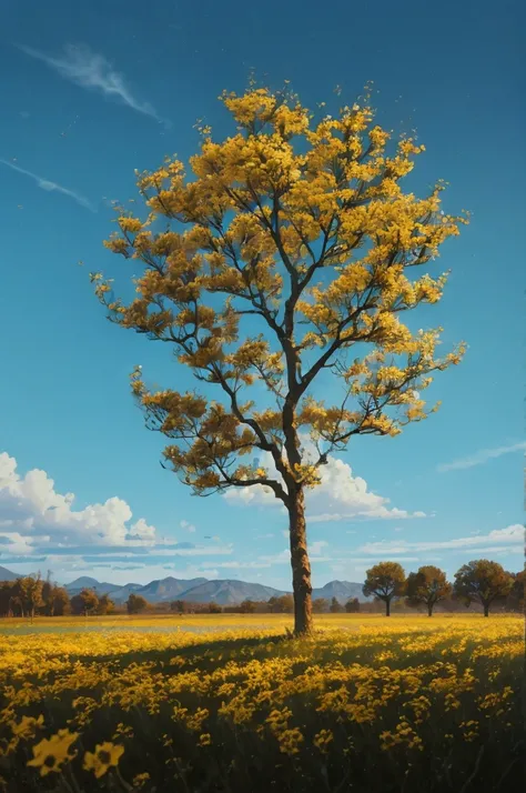 yellow flowers on a tree against a blue sky, a photo by Manuel Franquelo, flickr, art nouveau, yellow and blue, with yellow flowers around it, blue and yellow, yellow colours, yellow colors, detailed trees in bloom, yellow sunshine, beautiful sunny day, sh...