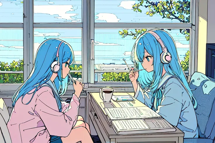 pastel colour、Beautiful girl studying at a desk in her room while listening to music with headphones、Light blue hair、radio、Coffee cup、 quiet night,Japanese anime