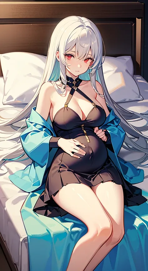 one pregnant anime girl with white hair and red eyes, chained and laying on a bed. Sad. breast feeding