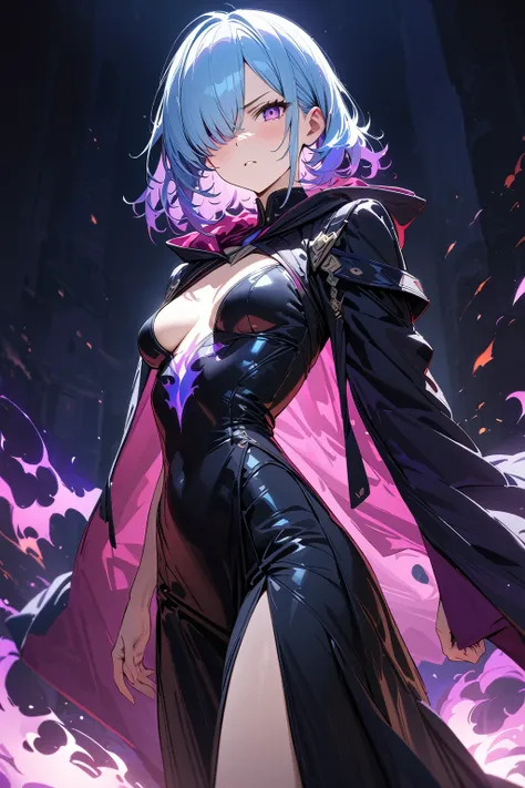 (masterpiece, best quality:1.5), (ultra detailed, high resolution, 8k, beautiful detailed, UHD, best anatomy), pale blue hair, flat breasts, 1 cool girl, Background is red and blue flame effects, Jet black robe, Purple fiery aura over one eye, standing, ni...