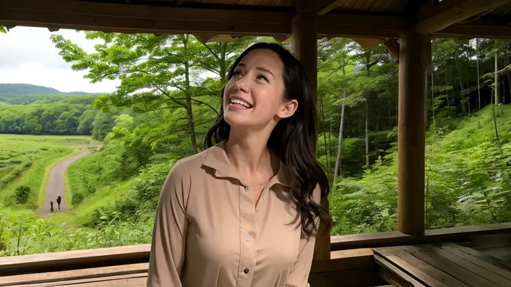 A realistic and emotional scene featuring Jessica Thompson, an American woman, in a nature reserve in Hokkaido. She is looking at an Ezo momonga and showing a surprised and happy expression. The background shows the beautiful nature of Hokkaido.",
