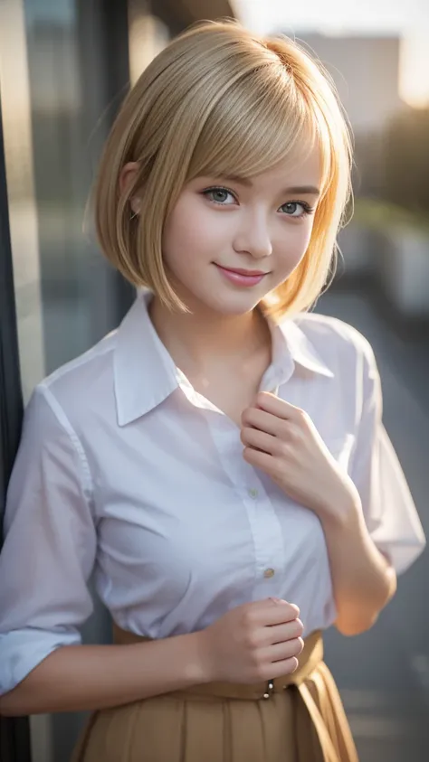 Highest quality,masterpiece:1.3,Ultra-high resolution),(Very detailed,Caustics,8K),(Realistic:1.4,RAW shooting),Wearing a high school uniform、American Girl,smile,18-year-old,Blonde Hair Color、American eyes、Short Bob Haircut,Looking into the camera,School c...