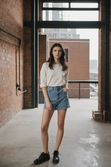 her name is Annie, high quality, 1girl, ((20-year-old fit Caucasian woman)), ((20 years old)), ((fit)) black long hair, pose: standing, wearing gen Z modern wear, BACKGROUND: From an industrial-chic Brooklyn loft, featuring exposed brick walls, large windo...