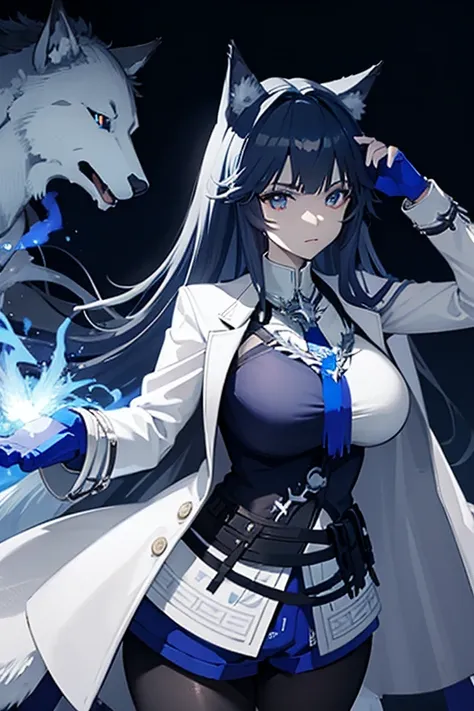 Wolf woman, with big blue hair, white coat, with white tail with blue, with blue eyes 