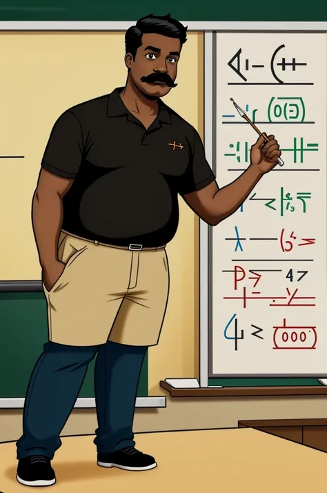 I would like a cartoon of a chubby math teacher who is brown skin color, has a mustache, Short straight black hair, the teacher is tall. And in the background it has math symbols 