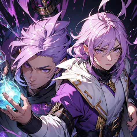 Male, alchemist, lilac hair and white eyes 