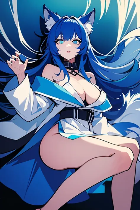 Wolf woman, with big blue hair, white coat, with white tail with blue, with blue eyes 