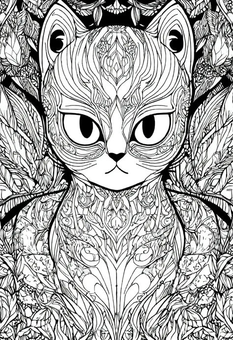 A drawing of a Burmese cat lying in a jungle field., coloring page, very detailed illustration, very detailed lines, extremely detailed line work, Very detailed portrait, incredibly detailed line of work, hyper detailed line art, Very detailed drawing, lin...