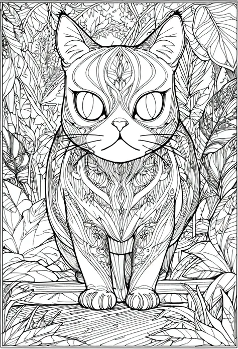 A drawing of a Burmese cat lying in a jungle field., coloring page, very detailed illustration, very detailed lines, extremely detailed line work, Very detailed portrait, incredibly detailed line of work, hyper detailed line art, Very detailed drawing, lin...