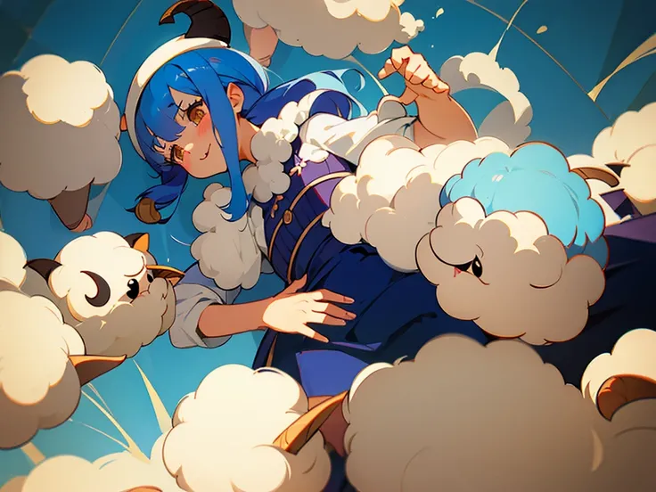 Sheep horns are cute，Blue Hair，woman，childhood，Hand-painted style