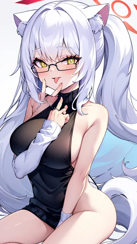 An 18 year old female angel with long, white hair, yellow eyes, white cat ears, and large white angel wings. yellow halo ring round white glasses (White halter turtleneck sweater, white purekiller sweater, sleeveless, sexy backless sweater) White arm warme...