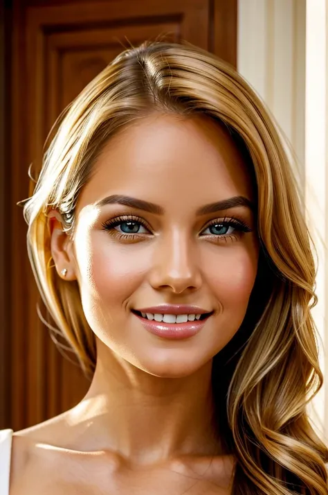 high resolution frontal photo portrait of a woman that has a radiant oval face with striking and captivating appearance, radiating elegance and charm. Her long, wavy blonde hair frames her face in an enchanting way, while her light brown eyes, reminiscent ...