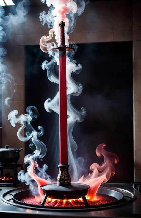 Movie stills show a red sword emitting a lot of smoke inserted into the stove. Shroud your surroundings in a mysterious and surreal mist. Smoke takes on unusual forms and shapes, Create surreal visual effects. . Shallow depth of field, Vignette, Very detai...