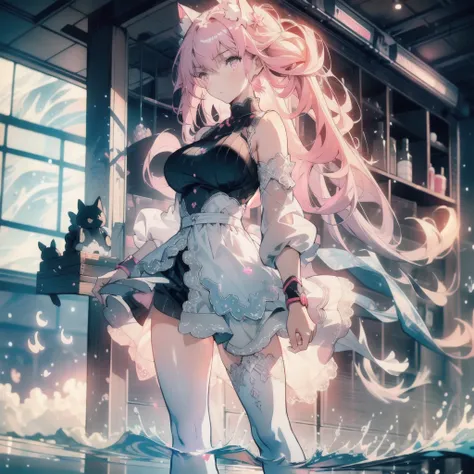 ((masterpiece, best quality)), Epic battlefield atmosphere，Delicate face，Cat girl，whole body，Standing picture，glowing pink eyes，Large Breasts，Gradient white long wavy hair，Perfect body proportions，Pure white background，Water Ripples，Lace，Plush toys