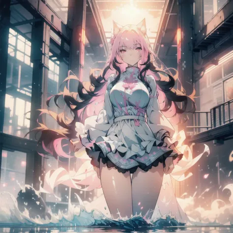 ((masterpiece, best quality)), Epic battlefield atmosphere，Delicate face，Cat girl，whole body，Standing picture，glowing pink eyes，Large Breasts，Gradient white long wavy hair，Perfect body proportions，Pure white background，Water Ripples，Lace，Plush toys