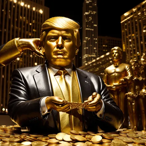 I want a stoic Donald Trump sculpture with black and white background. The image should focus on Donald Trump holding money or in a meeting and showing wealth. Must be a full body sculpture with walls or buildings in the background.. Hyper realistic wearin...