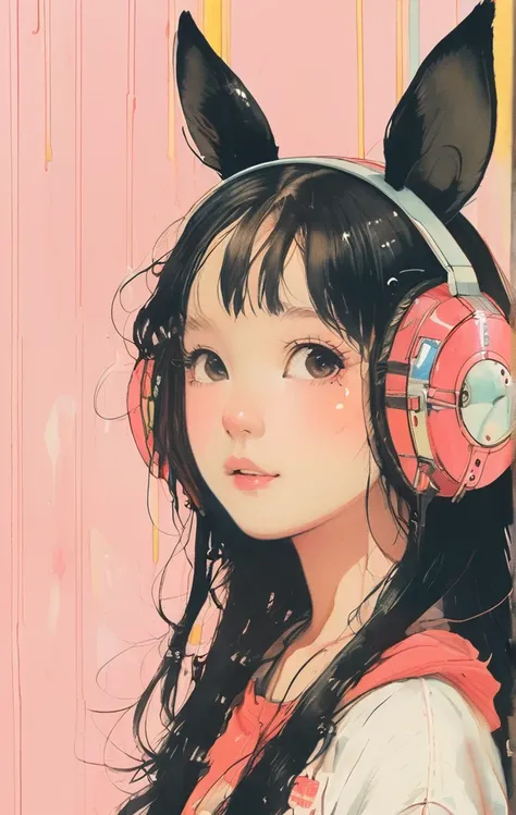 On a bright red campus"YES"Character、beautiful illustration, best quality, cute girl, bedroom, pastel color, fluffy bunny ears, , silver long hair, rabbit stuffed toy, bright lighting, light pink eyes、alone, One girl, profile,Black Bob,　profile,  The backg...