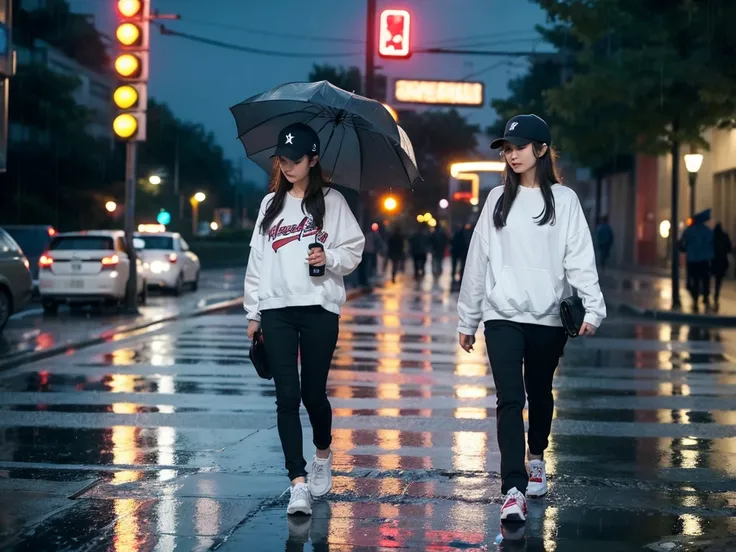 A girl，night，Walking on the street，With a baseball cap，In the Rain，With an umbrella