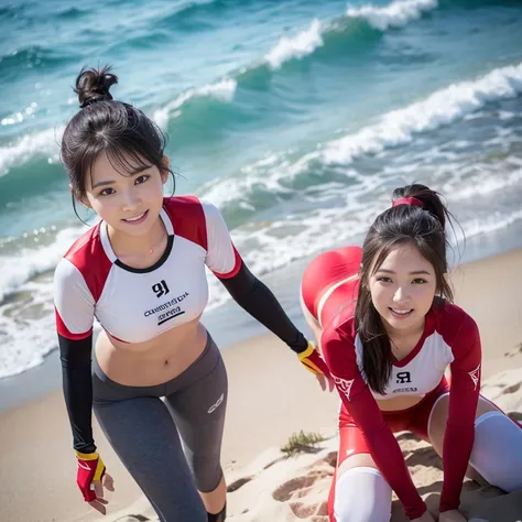 (2 beautiful Korean women volunteers, age 28, wearing White Tight Lightweight Synthetic Volleyball Jersey, Red Spandex Shorts, Ankle Braces and Knee Pads, participating in Ocean Conservation, during Sunrise On The Beach, thoughtful expressions, kind smile,...