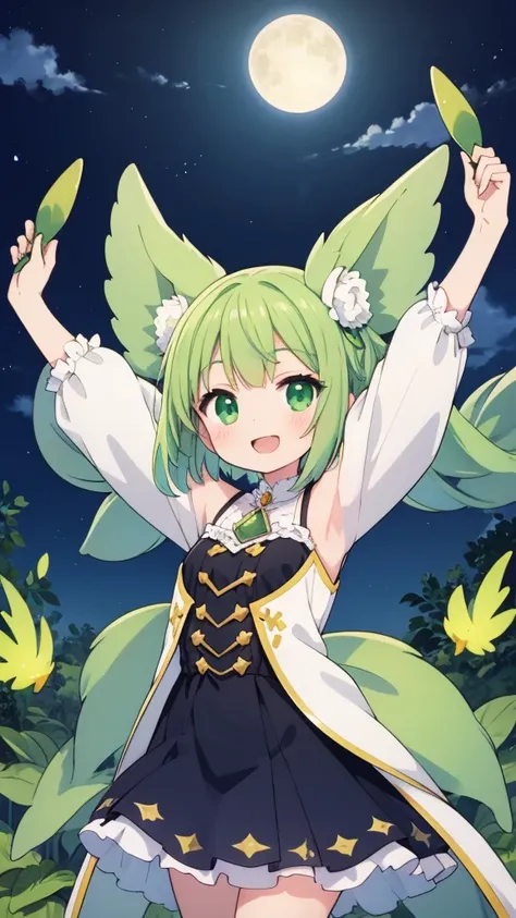 Green short hair girl, green witch clothing, pointed somorero, happy, arms towards the sky, evening