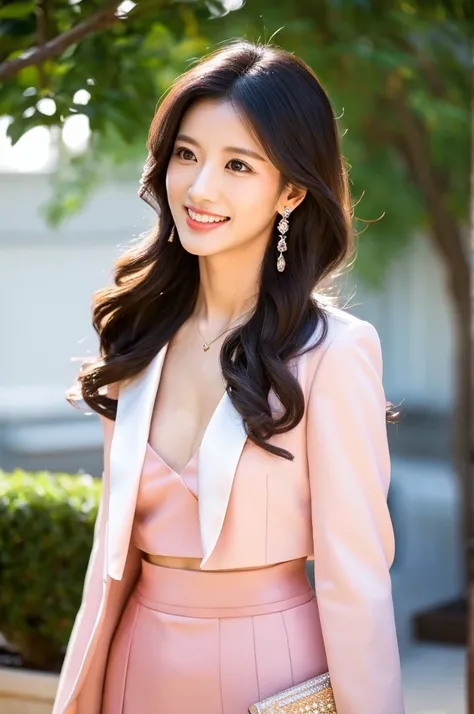 Wedding venue garden,President of import goods sales company,((full body)),((photo)),((best qualtiy, 8K, tmasterpiece:1.3)), Focus:1.2, perfect figure beautiful woman:1.4,1woman,cowboy shot,look at viewer,incredibly absurd, beautiful and cute woman with a ...