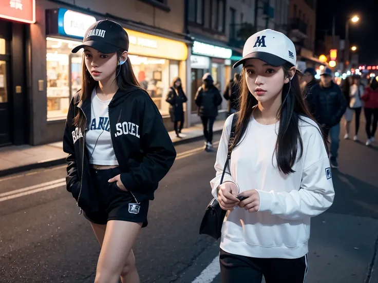 A girl，night，Walking on the street，With a baseball cap，Wearing headphones