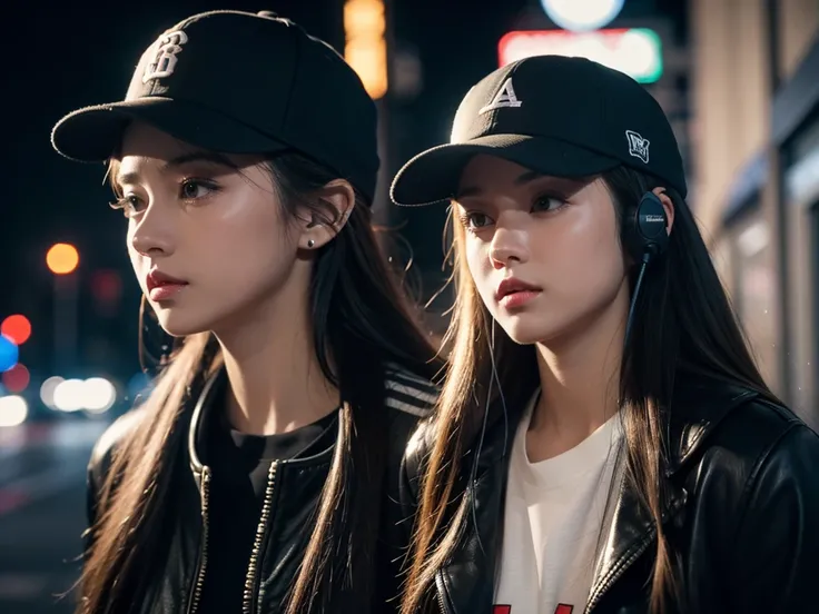 A girl，night，Walking on the street，With a baseball cap，Wearing headphones