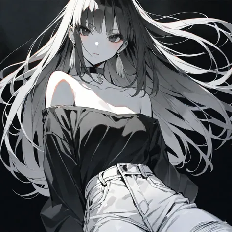 solo, handsome, monochrome,watercolor,
1. Female,
Hime cut,Straight Hair,long Hair, 
black color hair, 
Nakano Yotsuba,
BLACK Eyes,Soft look,beautiful,beautiful,Sexy,Darkness,Lots of silver earrings,choker,
White Off Shoulder,White Distressed jeans,パーカー ,s...