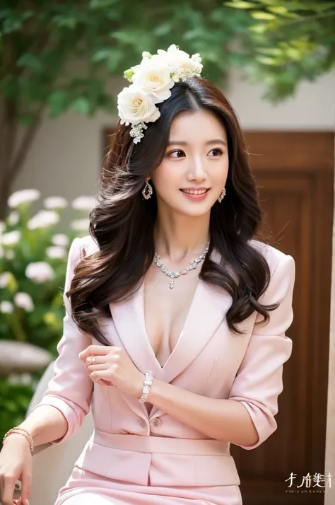 Wedding venue garden,President of import goods sales company,((full body)),((photo)),((best qualtiy, 8K, tmasterpiece:1.3)), Focus:1.2, perfect figure beautiful woman:1.4,1woman,cowboy shot,look at viewer,incredibly absurd, beautiful and cute woman with a ...