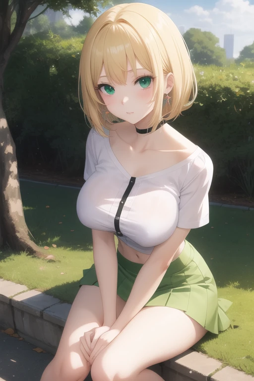 creates a 22-year-old anime girl sitting on the ground with her arms and hands touching her knees wearing a short green skirt and a low-cut white blouse with wide hips and large breasts in a park landscape