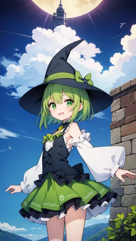 Green short hair girl, green witch clothing, pointed hat, happy, arms towards the sky, evening