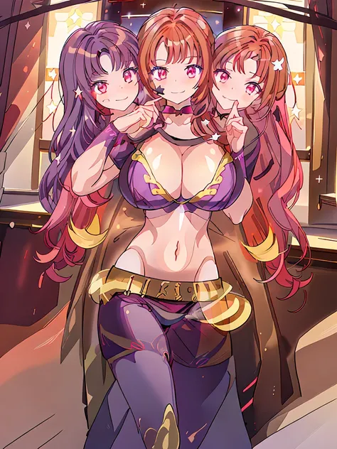 (masterpiece, best quality), best resolution, (3heads:1.5), 1girl, red hair, redhead, long flowing hair, star decoration on hair, smiling, seductive smile, smirk, open belly, dark purple crop top, dark purple miniskirt, open breasts, very huge tits, sexy p...