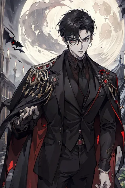 (nonsense, height, Very detailed), 1 man, adult, focus man, handsome, handsome, tall muscular man, Broad shoulders, Intricately detailed eyes and detailed face, black short hair, conjunctivitis, handsome, black suit, Fantasy, uniform, royal, ข้างหลังเขาเป็...