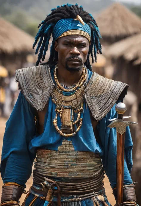 African warrior man, dressed like a warrior, your clothes are blue, he puts up a sword and is very serious 