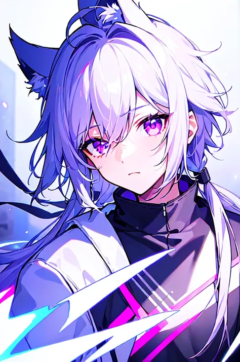 [(WHITE BACKGROUND:1.5),::5], ((((masterpiece)))), high quality, ultra very high resolution, full color, (((solo))), ((younger boy)), white hair, (Purple eyes), wolf ear, anime, ((upper body)), neon light, black parka,