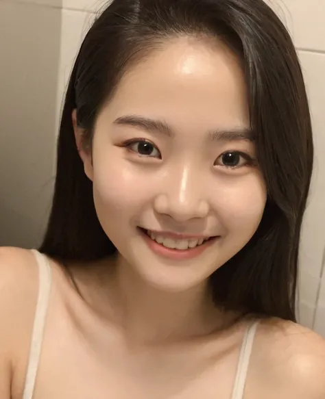 14 year old Korean beautiful , hot girl in the bathroom,Grinning 