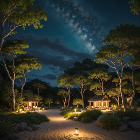 A stunning illustration of an Island oasis under the moonlight, rendered in lavish digital painting, depicting a tranquil utopia bathed in an ethereal, soft blue glow, with delicate silver glitter dispersed across the lush, emerald-green foliage and powder...