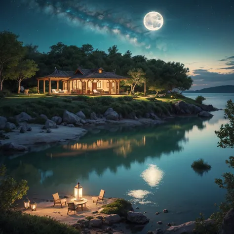 A stunning illustration of an Island oasis under the moonlight, rendered in lavish digital painting, depicting a tranquil utopia bathed in an ethereal, soft blue glow, with delicate silver glitter dispersed across the lush, emerald-green foliage and powder...