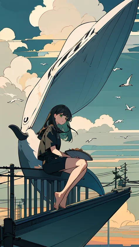 masterpiece, Exquisite detail,Highest quality,handrail, cloud,Power lines,View your viewers, Electric pole, bangs, cloudy zero, fish, bird, Green Eyes, Shorts, animal, Day, Black Shirt, barefoot,train,Railroad crossing,whale,long hair,zoom up