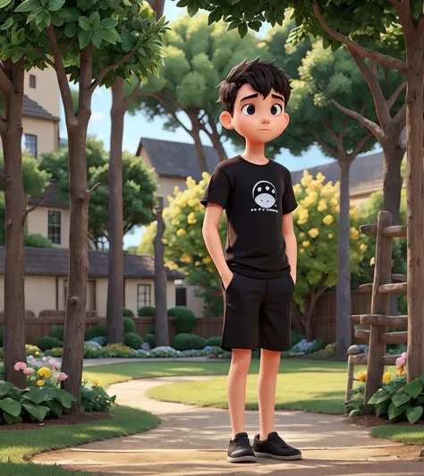 A  adult boy black T-shirt  his stand to A garden