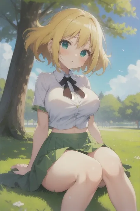 creates a 22-year-old anime girl sitting on the ground with her arms and hands touching her knees wearing a short green skirt and a low-cut white blouse with wide hips and large breasts in a park landscape