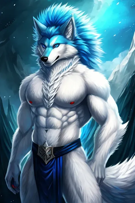 Wolf Man, with white fur, with big hair with blue highlights, blue colored eyes, white tail with blue parts
(complete body)