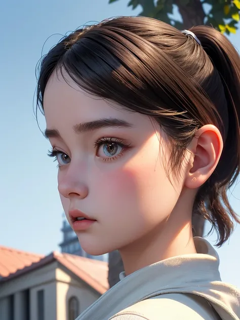 One Girl，(1人のとてもcute女の子:1.3)，masterpiece，Highest quality，High resolution，From below，Low - Angle，Photorealistic，RAW Photos，Ray Tracing，beautiful girl，(15 years old:1.3)，cute，Big eyes，(detailed pupils:1.2)，(Face turned to the side:1.3)，Cute nose，Beautiful no...