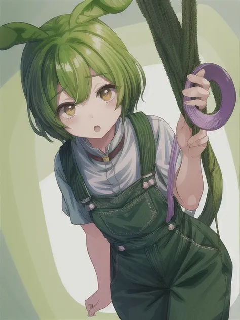 masterpiece, highest quality, original character,one girl,alone,zundamon, boyish clothing, in a lively state, green overalls