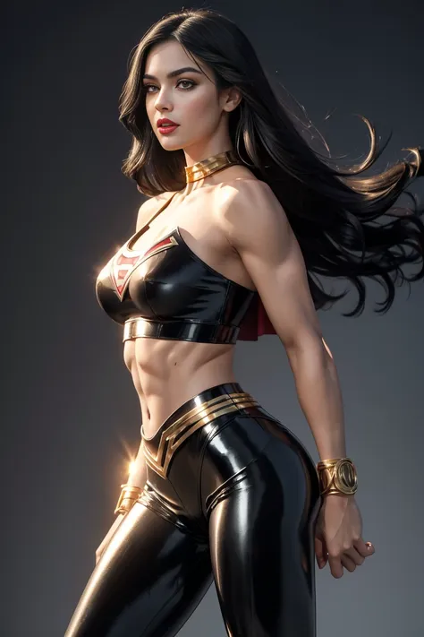 Full body shot seen from behind Sexy 14 years old, superheroine Supergirl long black hair glowing brown eyes red lips muscular body large breast wears a black metallic shiny tight leather pants, black metallic shiny short, black stilettos, black tights, pl...