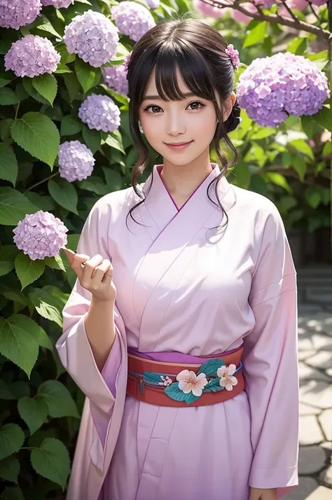 The image shows a beautiful Japanese girl wearing a thin yukata.。She was wearing a soft pink yukata.、The yukata is decorated with cherry blossom patterns.。The belt is bright blue、It creates a beautiful contrast with the pink of the yukata.。

Her hair is bl...