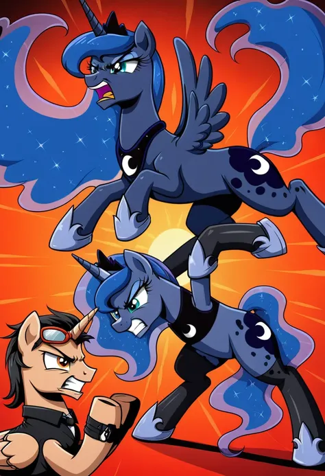 Pony . Black stocking Prince Luna angry. Fight Man  pony 